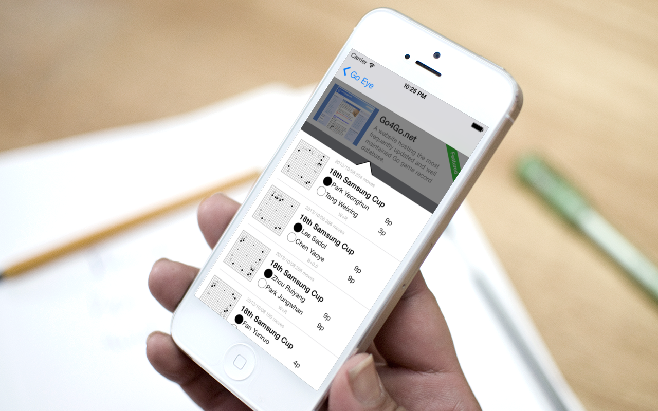 Go Eye on an iPhone - browsing the latest professional game supplied by Go4Go.net (searching the Go4Go database made possible in a recent release)